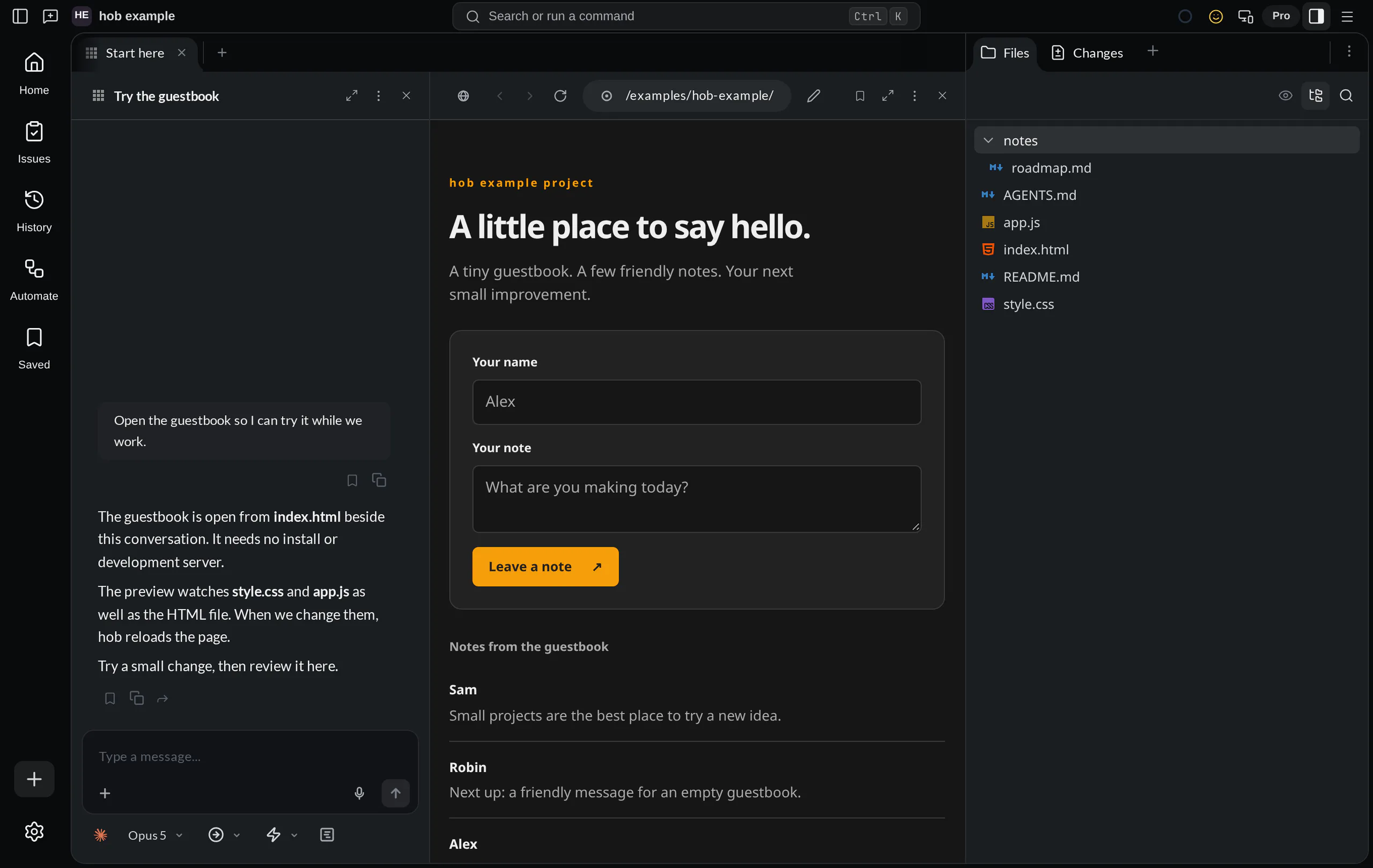 The hob example project with an agent conversation beside the working guestbook preview, with the Files Dock open and notes expanded