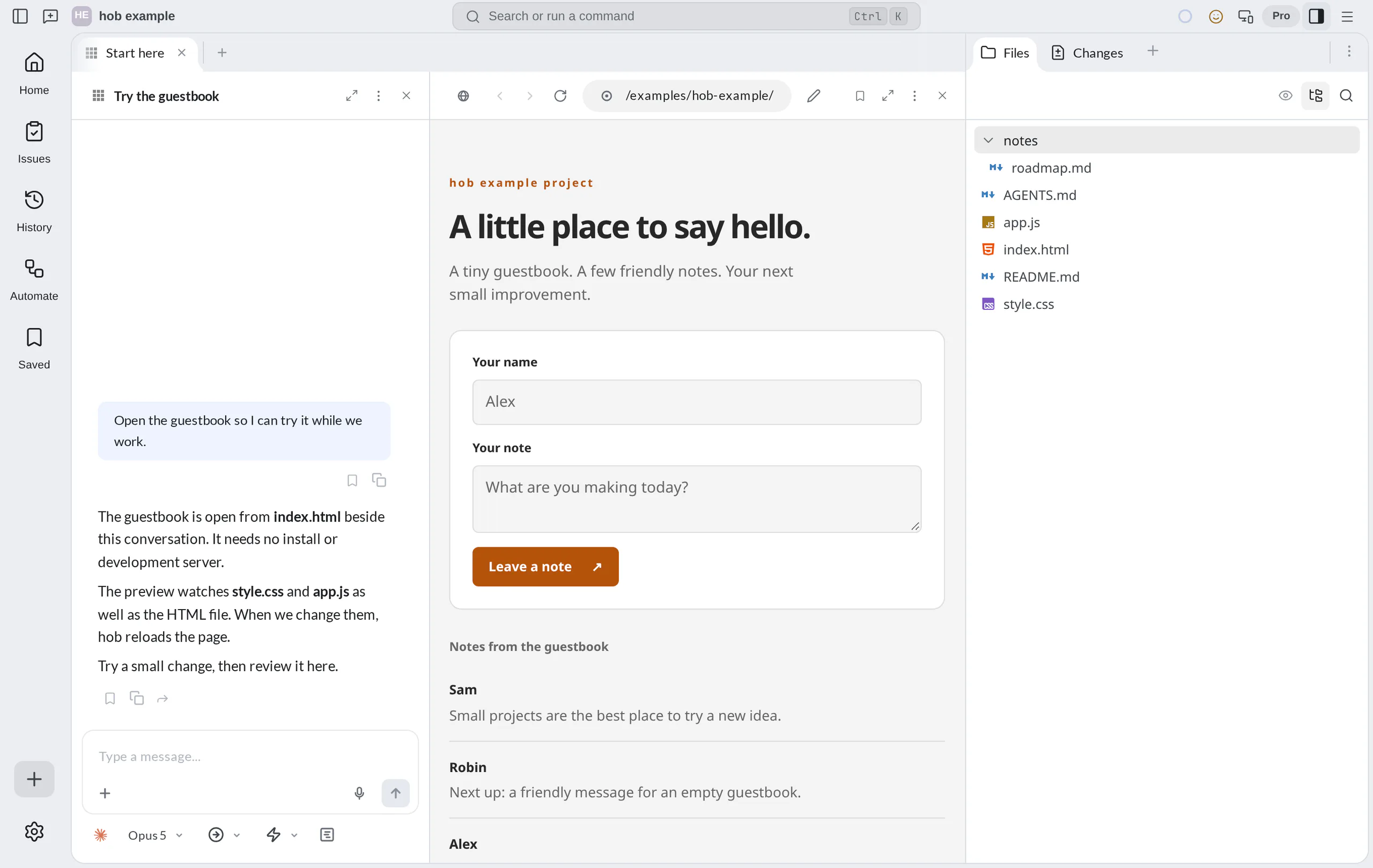 The hob example project with an agent conversation beside the working guestbook preview, with the Files Dock open and notes expanded