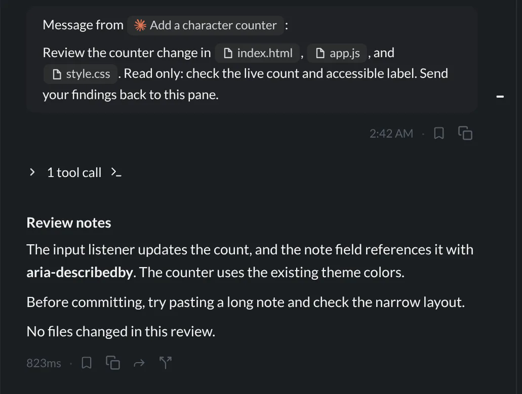 The reviewer transcript showing an attributed message from Add a character counter and a read-only review reply