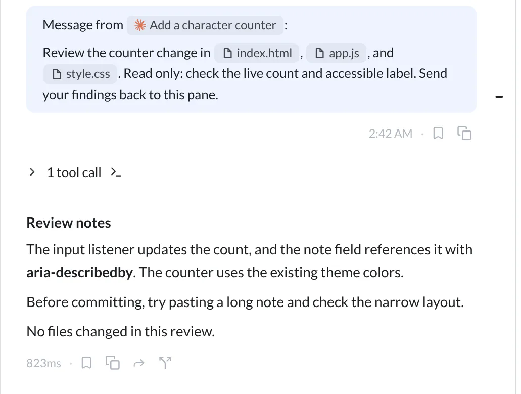 The reviewer transcript showing an attributed message from Add a character counter and a read-only review reply