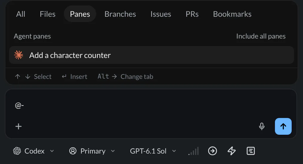 The reviewer composer with the pane-reference picker listing Add a character counter, and the Codex backend and model chips below