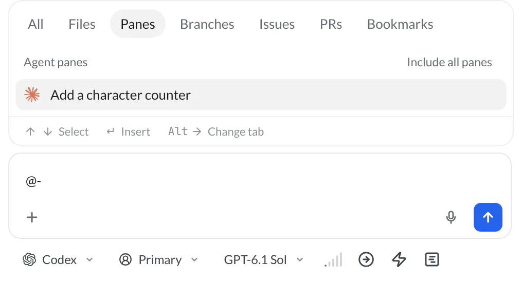 The reviewer composer with the pane-reference picker listing Add a character counter, and the Codex backend and model chips below