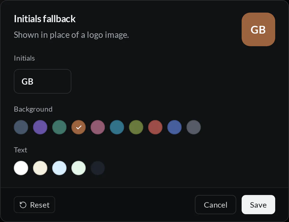 Initials fallback editor for the guestbook with GB entered, a brown background selected, white text, and a live avatar preview.