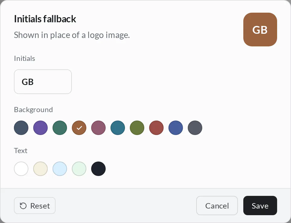 Initials fallback editor for the guestbook with GB entered, a brown background selected, white text, and a live avatar preview.