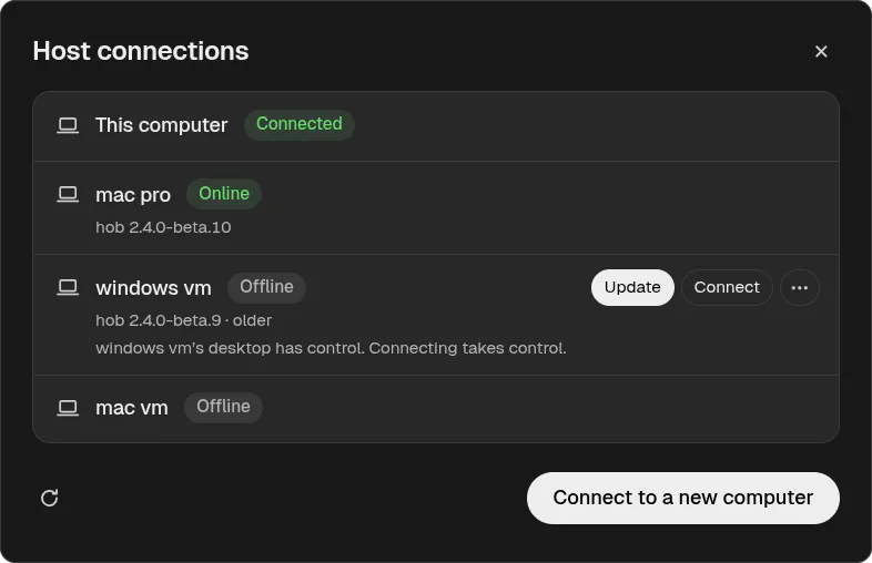 Host connections listing This computer as connected, an online Mac, an offline Windows VM with Update, Connect, and More actions, and an offline Mac VM, above Connect to a new computer