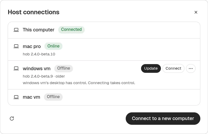 Host connections listing This computer as connected, an online Mac, an offline Windows VM with Update, Connect, and More actions, and an offline Mac VM, above Connect to a new computer