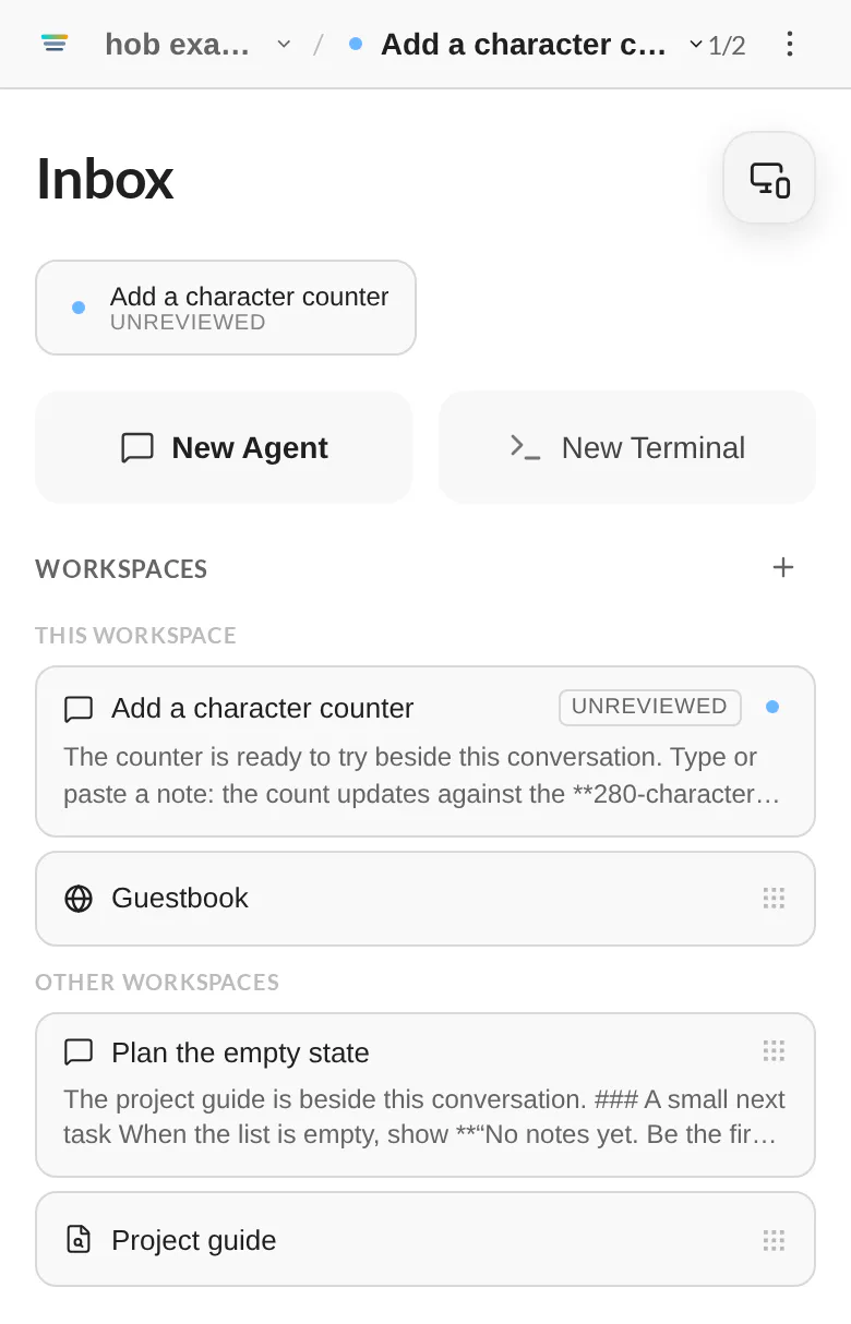 The hob mobile Inbox at phone width, with the guestbook counter marked Unreviewed, its preview, and the empty-state task in another workspace