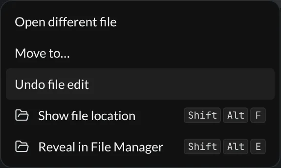 The File submenu with Undo file edit available between Open different file and Show file location