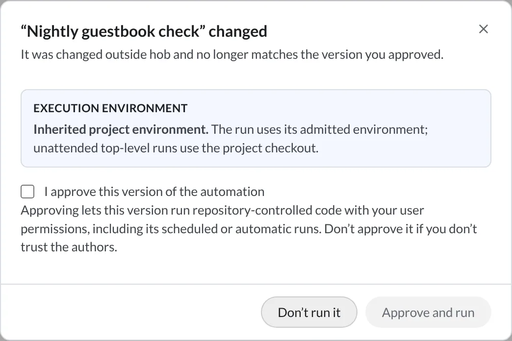 A changed Nightly guestbook check automation awaiting approval, with the checkbox unchecked and Approve and run disabled