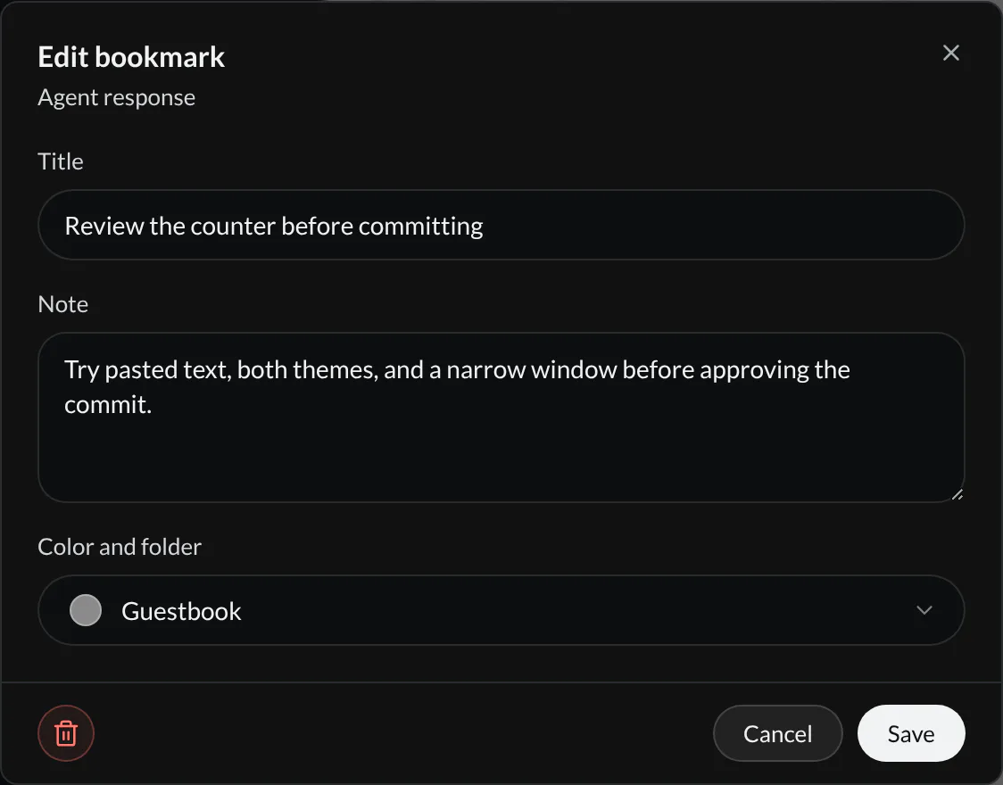 The bookmark editor for an agent response, with a review title, testing note, and Guestbook folder