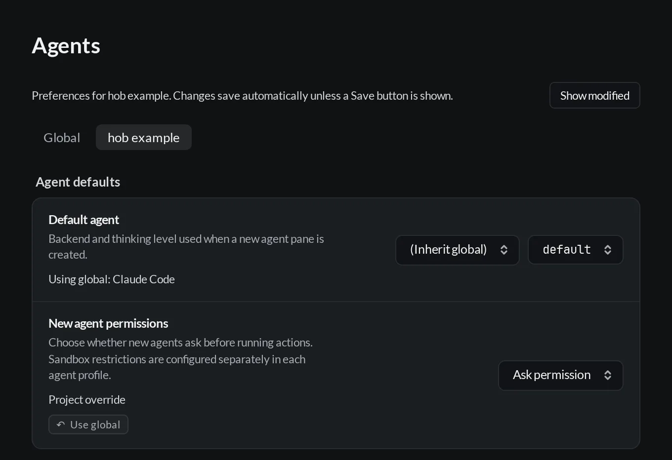 Agents settings for hob example, with the default agent inherited globally and New agent permissions explicitly set for this project.