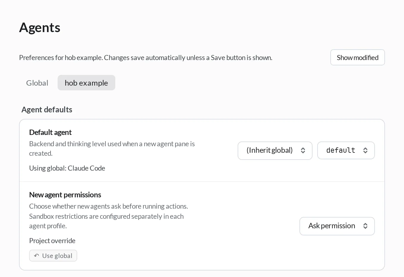 Agents settings for hob example, with the default agent inherited globally and New agent permissions explicitly set for this project.