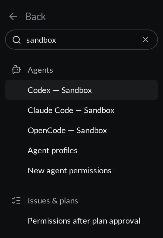 Settings search for sandbox, with profile-level results under Agents and a plan-permission result under Issues and plans.