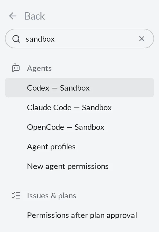 Settings search for sandbox, with profile-level results under Agents and a plan-permission result under Issues and plans.
