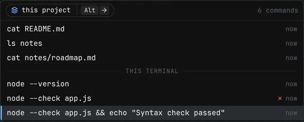 Terminal command history scoped to this project, with suggested commands above a divider and recent commands including a failed syntax check below it