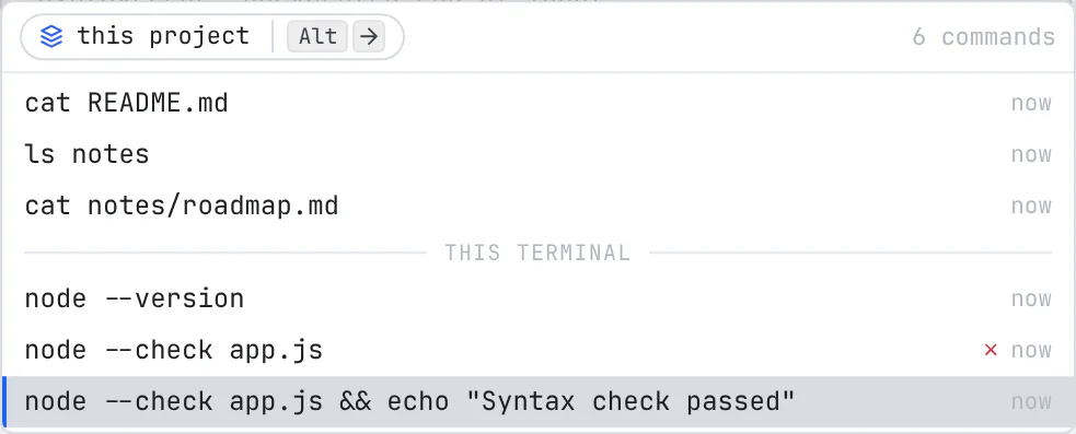 Terminal command history scoped to this project, with suggested commands above a divider and recent commands including a failed syntax check below it