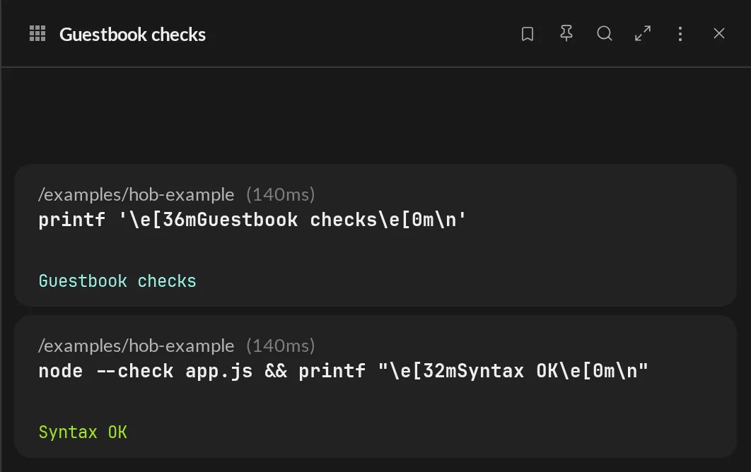 Guestbook terminal with completed commands, cyan and green Monokai ANSI output, and neutral hob style pane chrome.