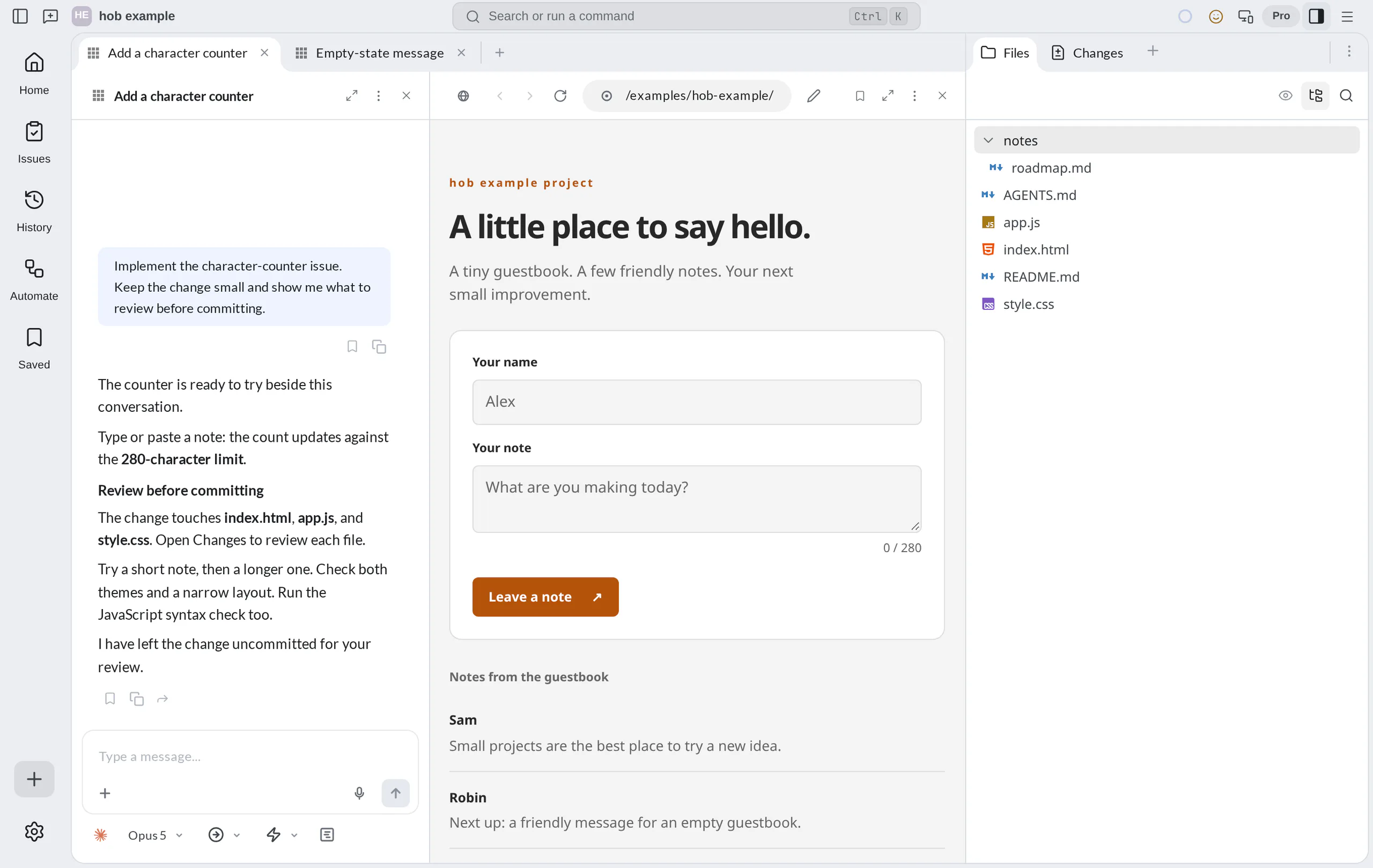 The hob example project with Add a character counter active, an Empty-state message workspace tab, and an agent beside the guestbook preview with Files in the Dock