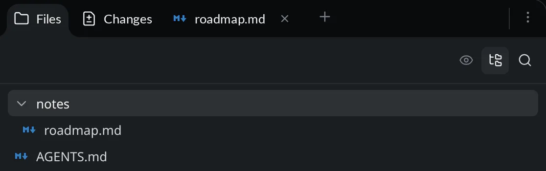 The Dock tab strip with Files selected, Changes, and a docked roadmap.md pane