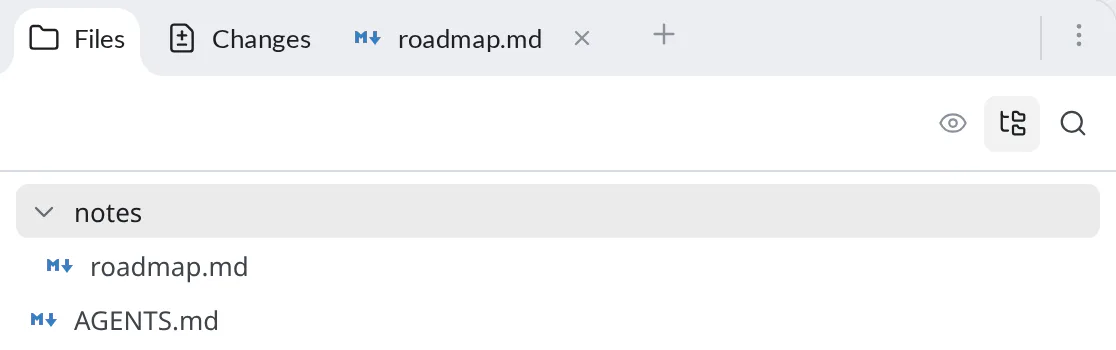 The Dock tab strip with Files selected, Changes, and a docked roadmap.md pane
