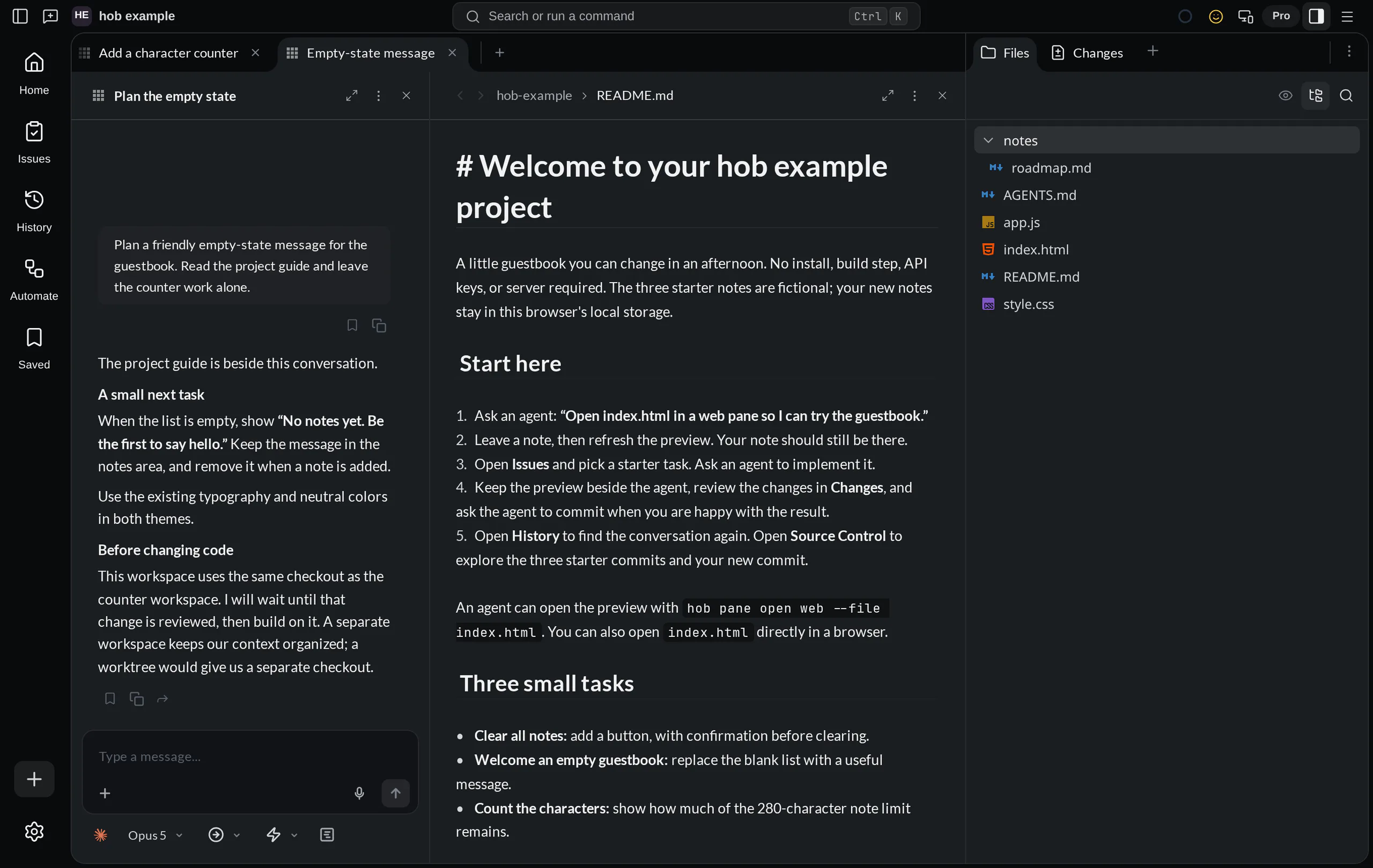 The Empty-state message workspace active in the same hob example project, with a planning agent beside README.md and the same Files Dock