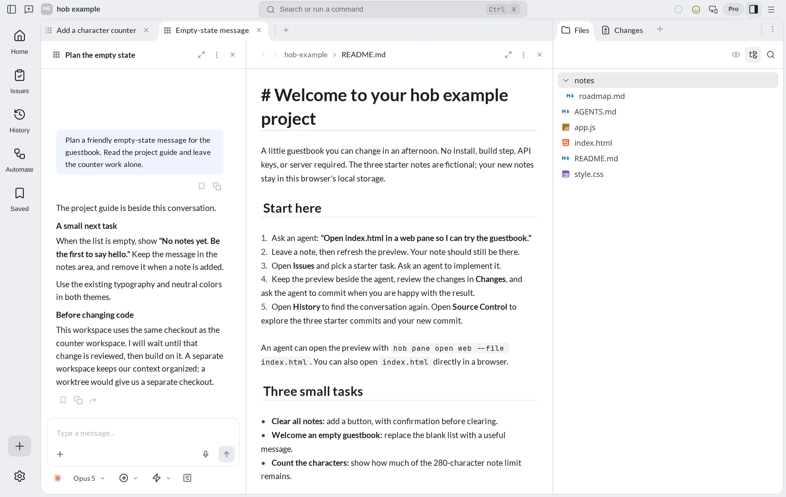 The Empty-state message workspace active in the same hob example project, with a planning agent beside README.md and the same Files Dock