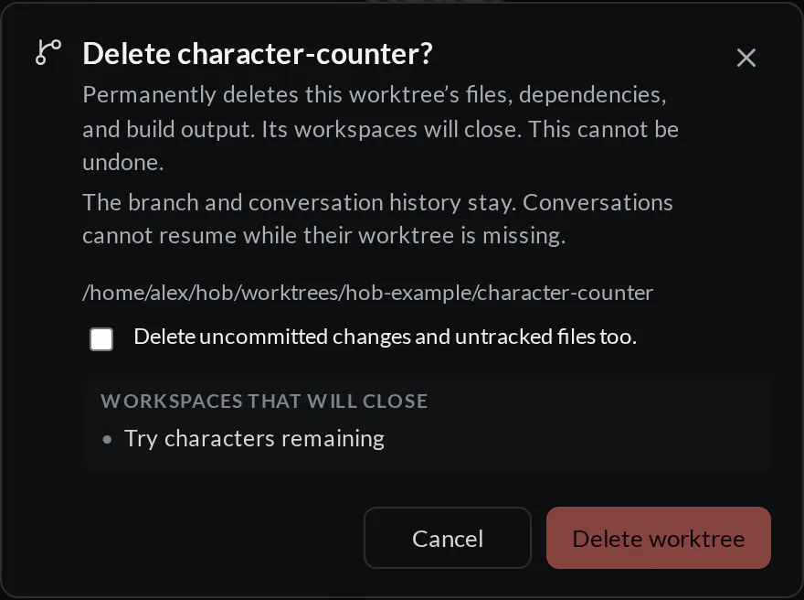 Delete character-counter dialog with its checkout path, an unchecked acknowledgment for uncommitted files, and Try characters remaining in Workspaces that will close