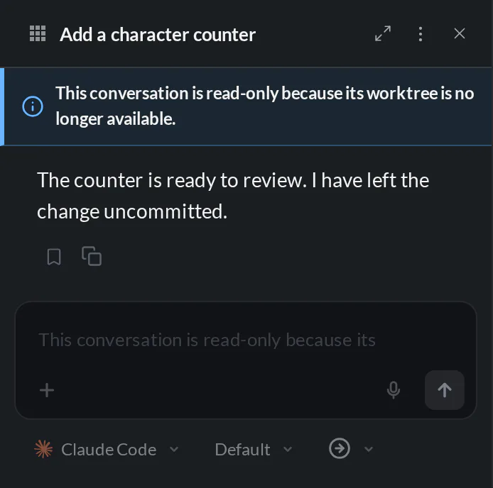 Recovered character-counter conversation with a read-only banner and disabled composer because its original worktree is no longer available