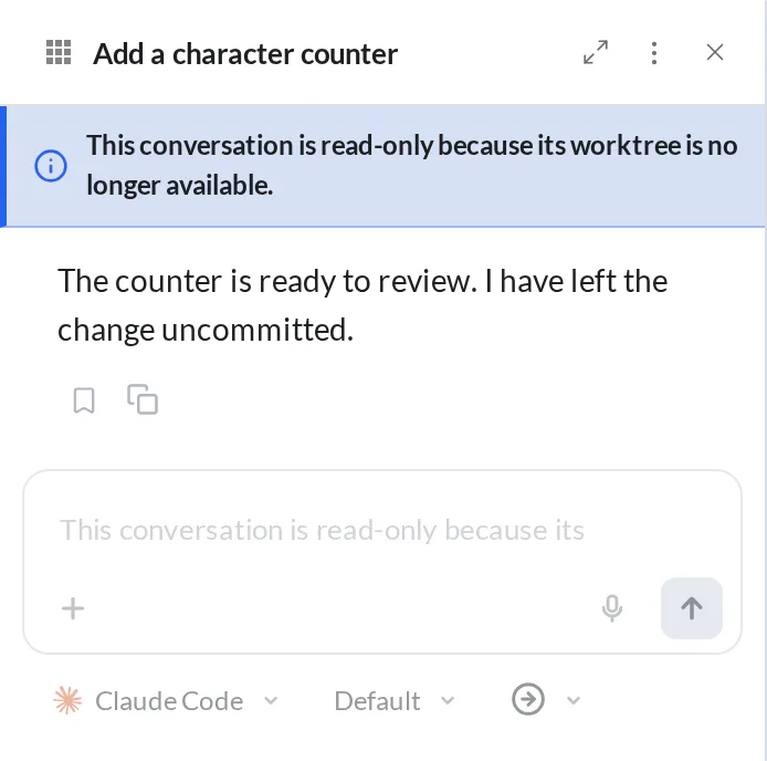 Recovered character-counter conversation with a read-only banner and disabled composer because its original worktree is no longer available