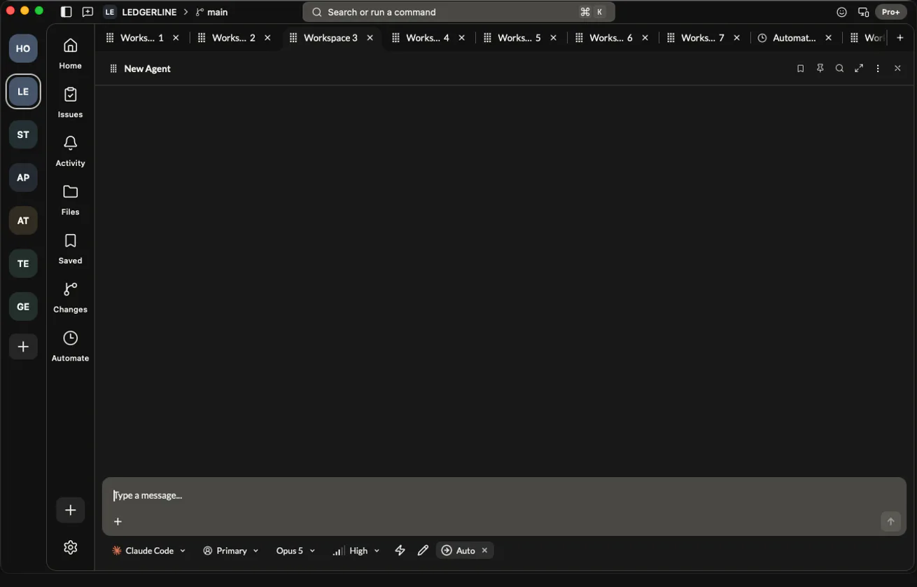 A hob workspace with the project sidebar, eight workspace tabs, and an agent pane open