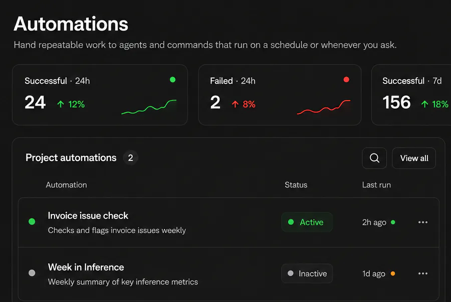 hob's Automations panel: run counts, saved automations with their status, and stored secrets