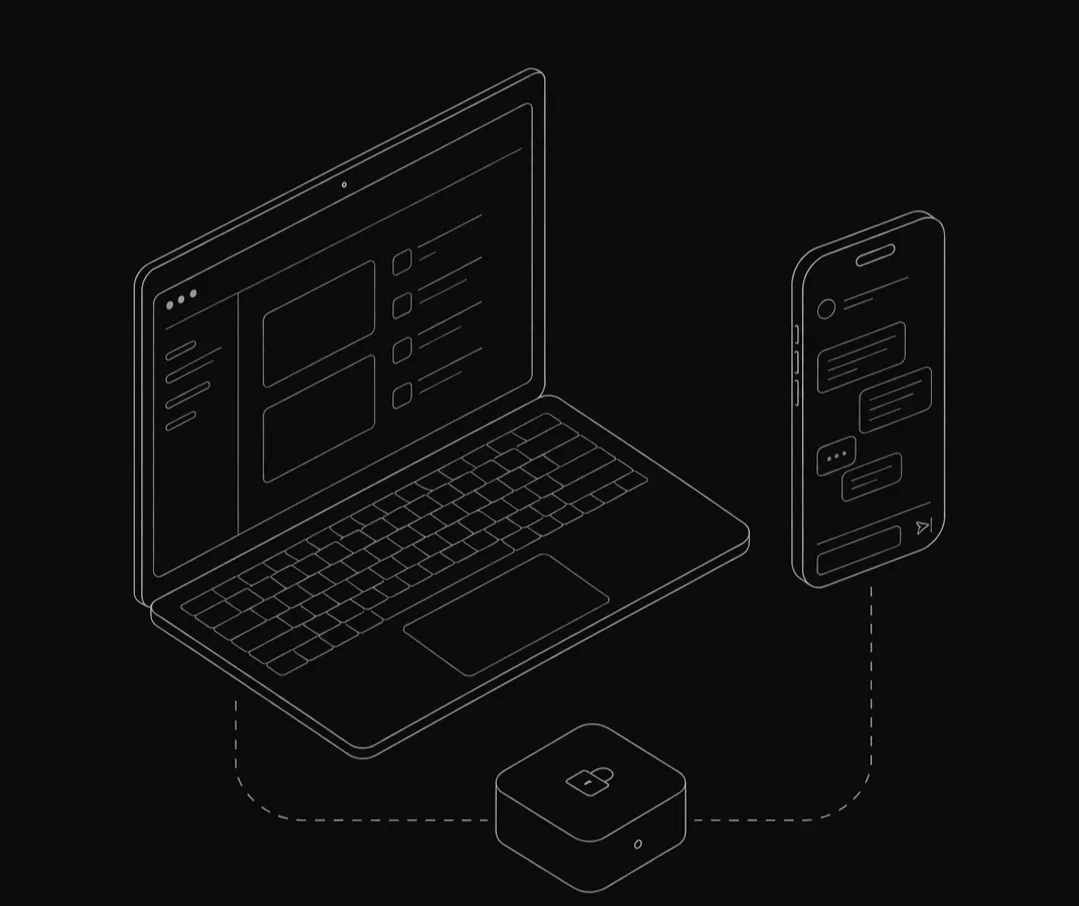 Line illustration: a laptop running hob and a phone, joined through a relay in between